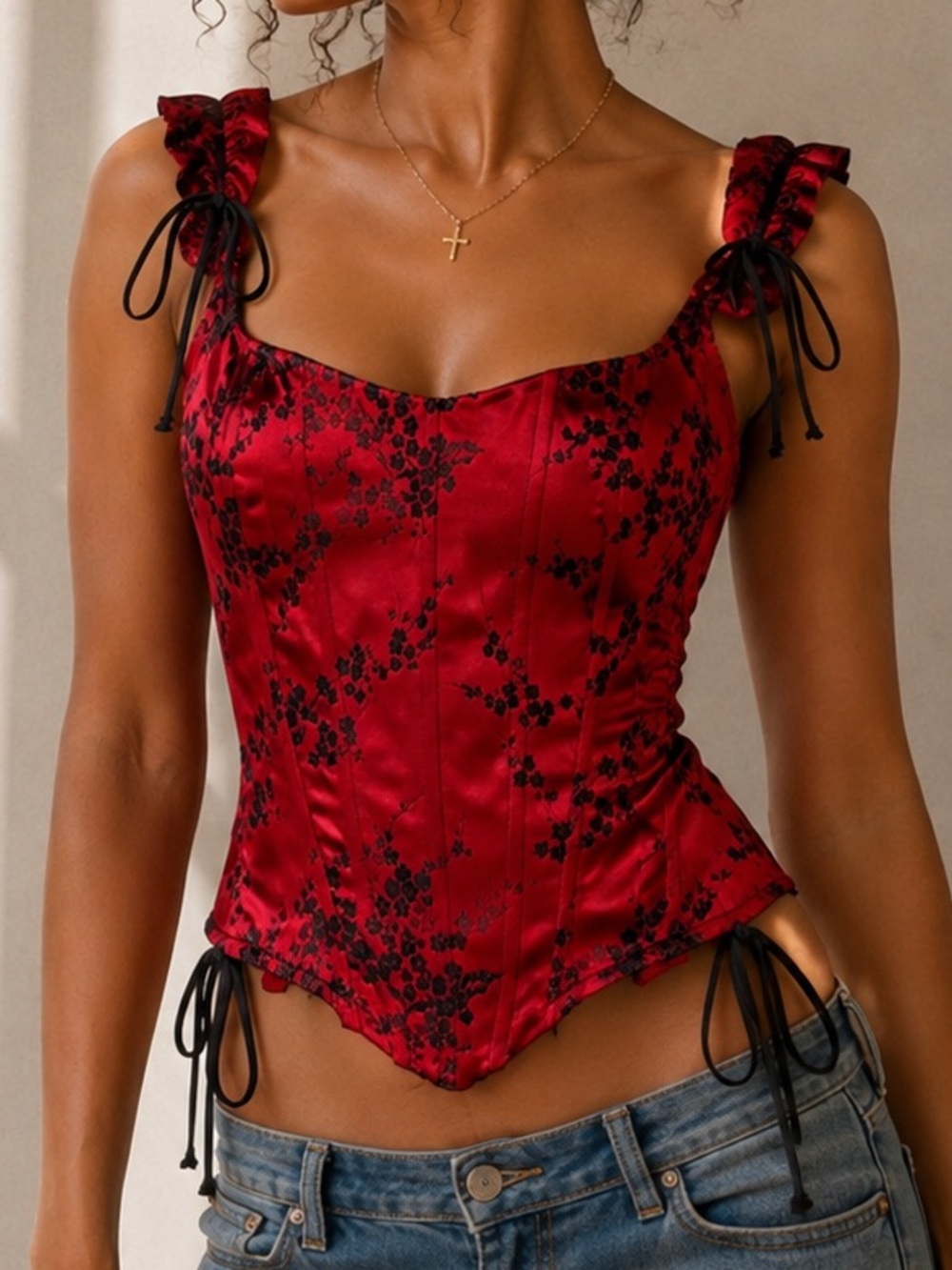 Vintage 100% Silk Red & Black Floral Bustier Corset